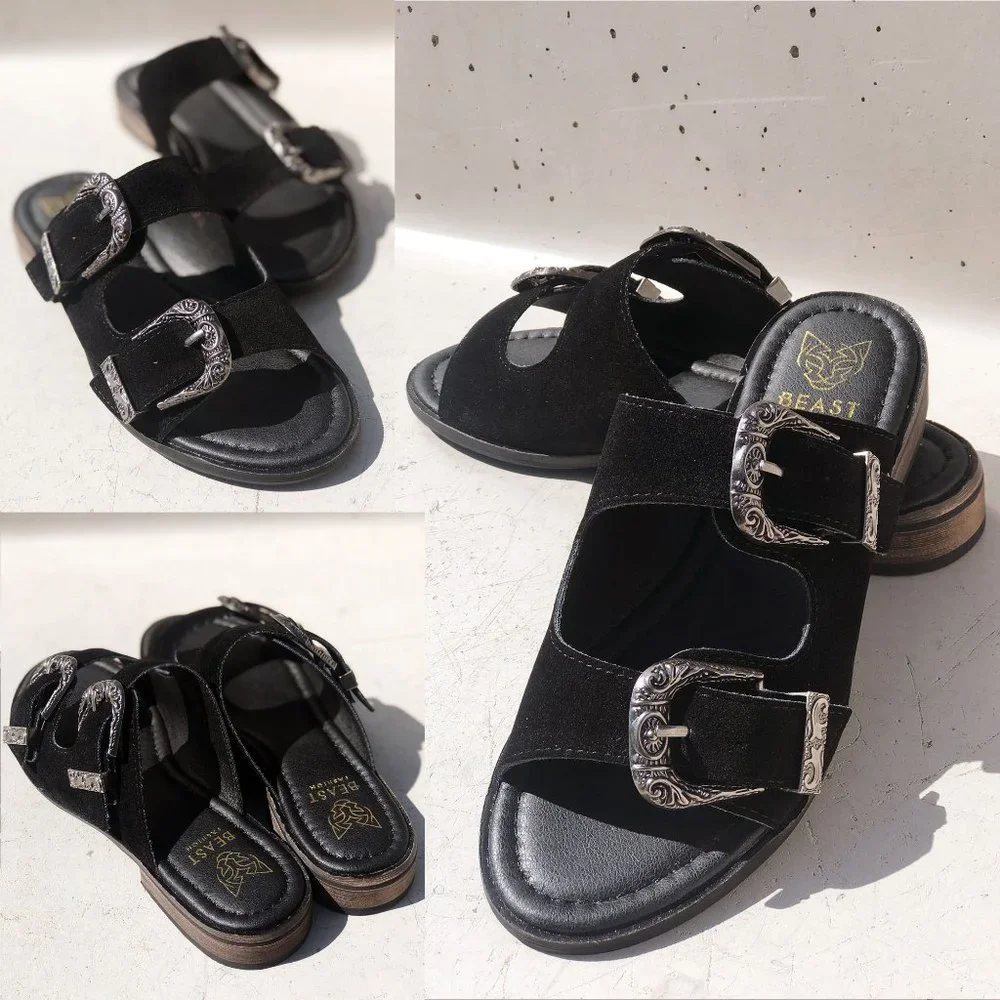 NEW Black Faux Suede Western Metal Buckled Straps Slides Slip On Sandals Shoes - Picture 9 of 12